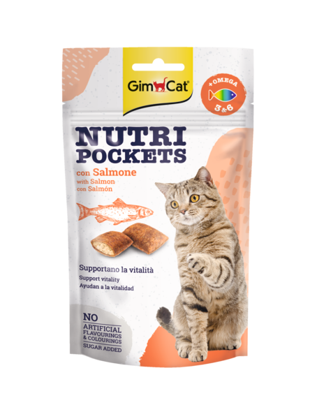 GimCat Nutri Pockets with Salmon & Omega 3&6 skanėstai katėms su Lašiša, Omega 3 ir 6 riebalų rūgštimis 60g